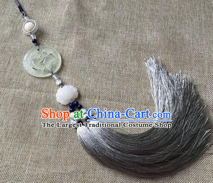 Chinese Ancient Hanfu Grey Tassel Brooch Pendant Jade Jewelry Accessories Carving Dragon Lotus Lappet