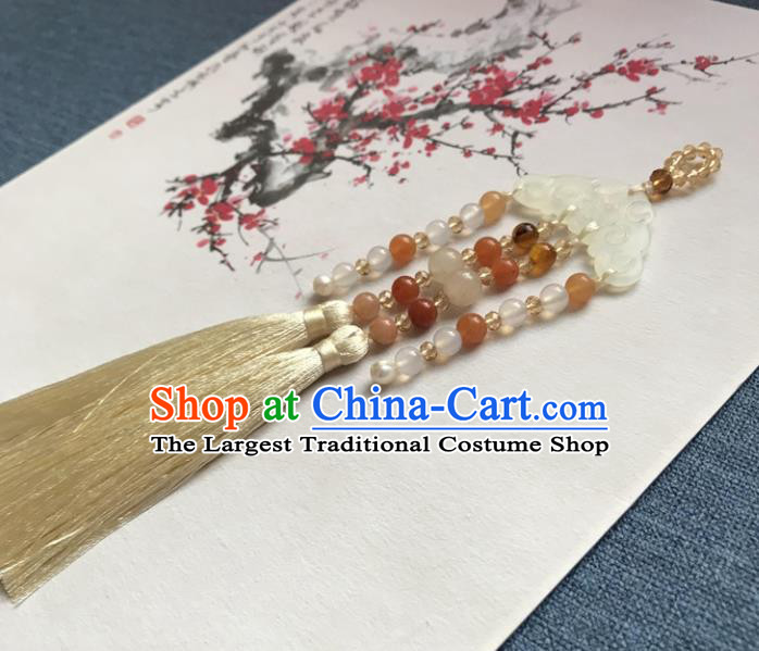 Chinese Ancient Court Hanfu Beige Tassel Brooch Pendant Jade Lappet Jewelry Accessories