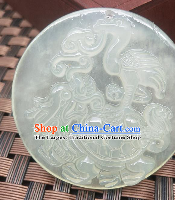 Chinese Handmade Round Jade Necklace Pendant Hsiuyen Jade Label Carving Crane Tortoise Jade Accessories Craft