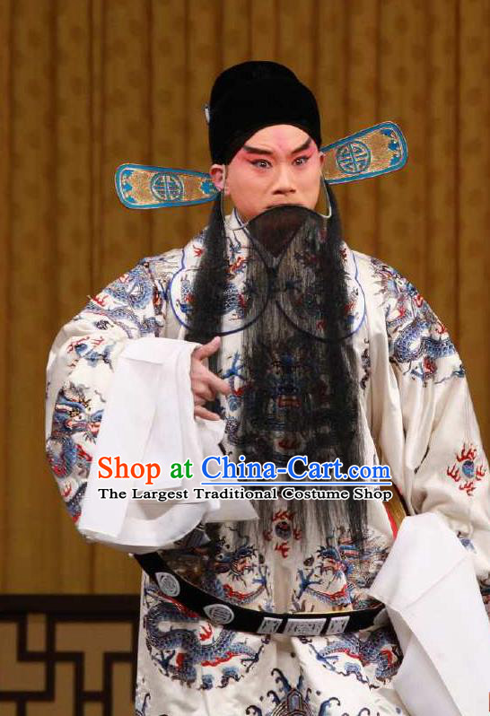 Chinese Peking Opera Laosheng Garment the Fourth Son Visits His Mother Ol Male Apparel Costumes Python Embroidered Robe and Headwear
