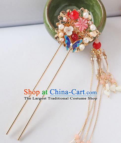 Chinese Ancient Blueing Tassel Hair Clip Hanfu Hair Accessories Ming Dynasty Women Headwear Pearls Hairpin