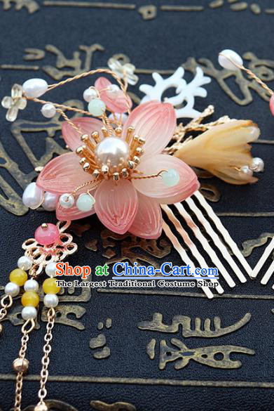 Chinese Ancient Pink Lotus Hair Combs Hanfu Hair Accessories Tassel Pearls Hairpin Women Headwear
