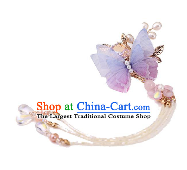 Chinese Ancient Hanfu Purple Silk Butterfly Hair Claws Hair Accessories Women Headwear Tassel Hair Stick Hairpins