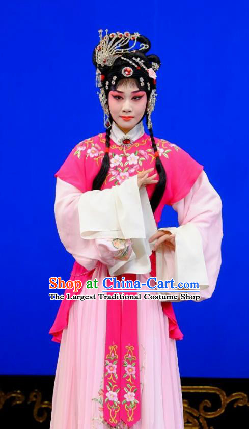 Chinese Peking Opera Rich Lady Garment Costumes Traditional Lv Bu and Diao Chan Apparels Hua Tan Rosy Dress and Headpieces