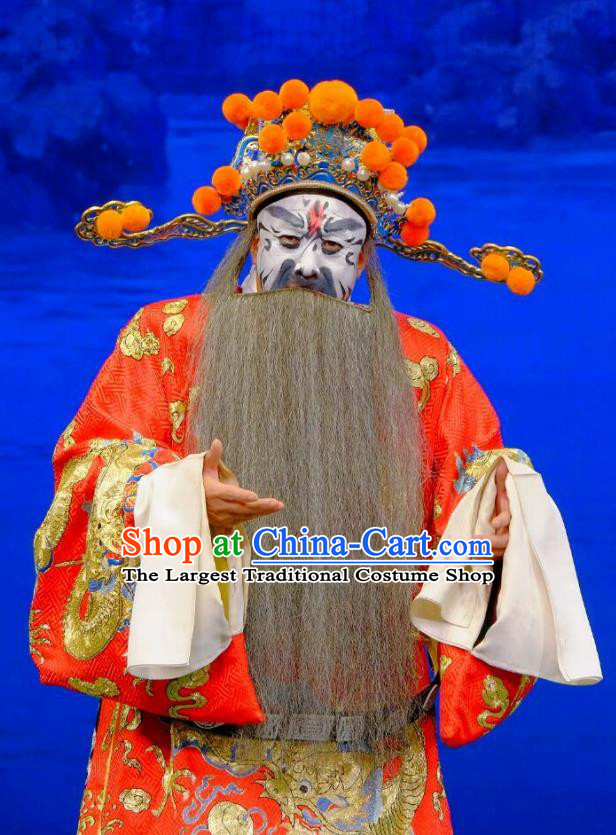 Chinese Peking Opera Dong Zhuo Official Costumes Garment Lv Bu and Diao Chan Elderly Male Apparels Red Python Embroidered Robe and Headwear