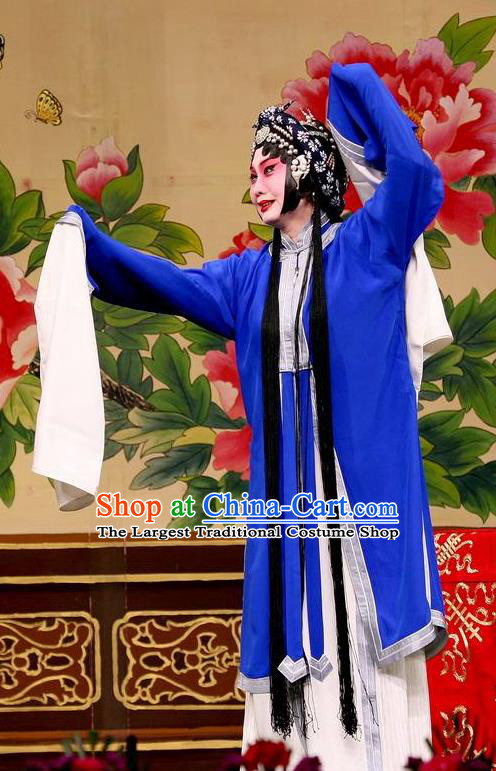 Traditional Chinese Peking Opera Distress Maiden Blue Dress Judge Bao and the Qin Xianglian Case Costumes Tsing Yi Garment and Headwear