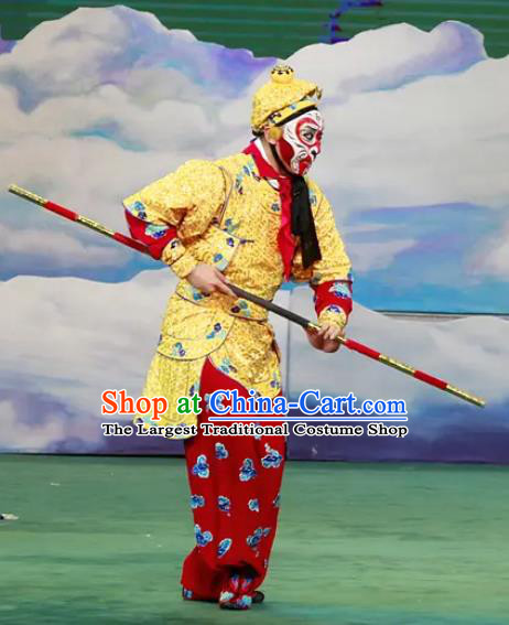 Chinese Peking Opera Monkey King Havoc In Heaven Martial Men Apparels Costumes Sun Wukong Wusheng Garment and Headwear
