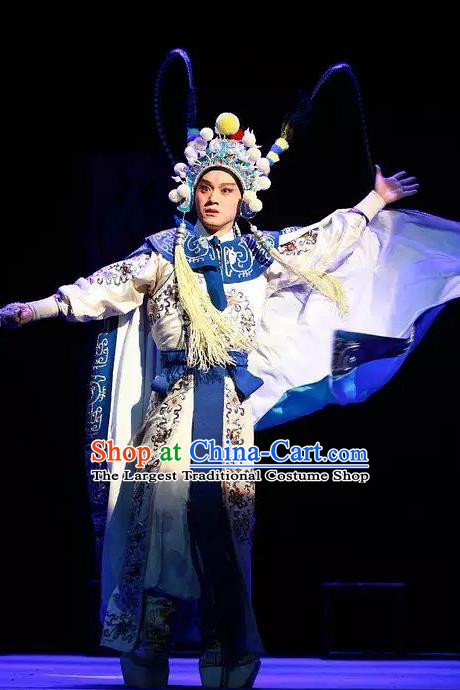 Chinese Peking Opera Martial Role Apparels Costumes The Revenge of Prince Zi Dan Garment Wusheng Young Men Robe with Cloak and Headwear