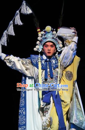 Chinese Peking Opera Martial Role Apparels Costumes The Revenge of Prince Zi Dan Garment Wusheng Young Men Robe with Cloak and Headwear