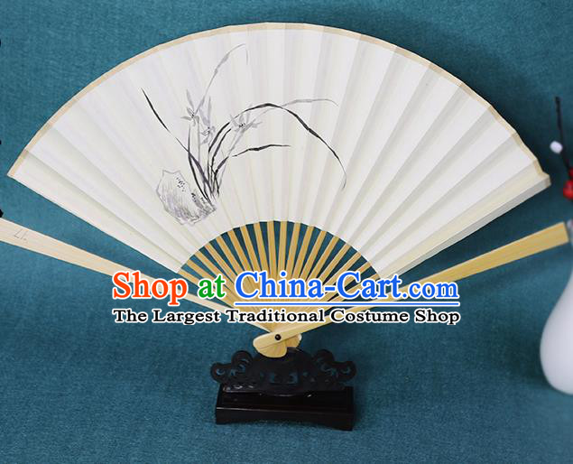 Handmade Chinese Ink Painting Orchid Paper Fan Traditional Classical Dance Accordion Fans Folding Fan