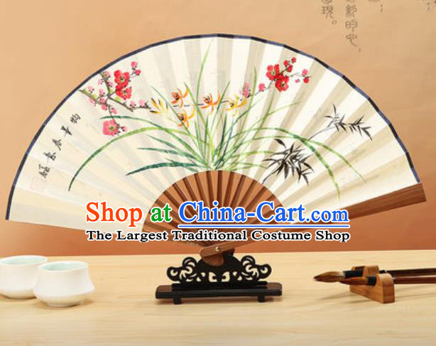 Chinese Hand Painting Orchid Plum Paper Fan Traditional Classical Dance Accordion Fans Folding Fan