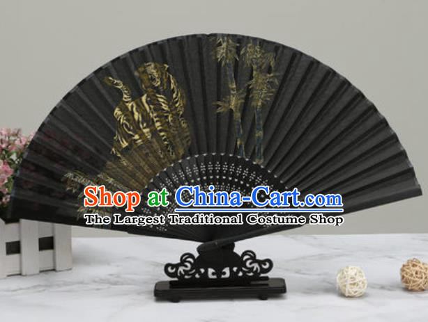 Chinese Traditional Printing Tiger Bamboo Black Silk Fan Classical Dance Accordion Fans Folding Fan