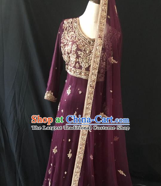 Indian Traditional Bride Embroidered Purple Lehenga Dress Asian Hui Nationality Wedding Costume for Women