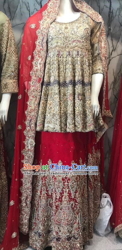Indian Traditional Bride Exquisite Embroidered Lehenga Dress Asian Hui Nationality Wedding Costume for Women