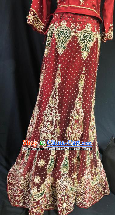 Indian Traditional Bride Dark Red Lehenga Exquisite Embroidered Dress Asian Hui Nationality Wedding Costume for Women