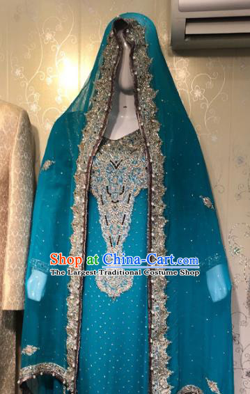 Indian Traditional Bride Embroidered Blue Lehenga Dress Asian Hui Nationality Wedding Costume for Women