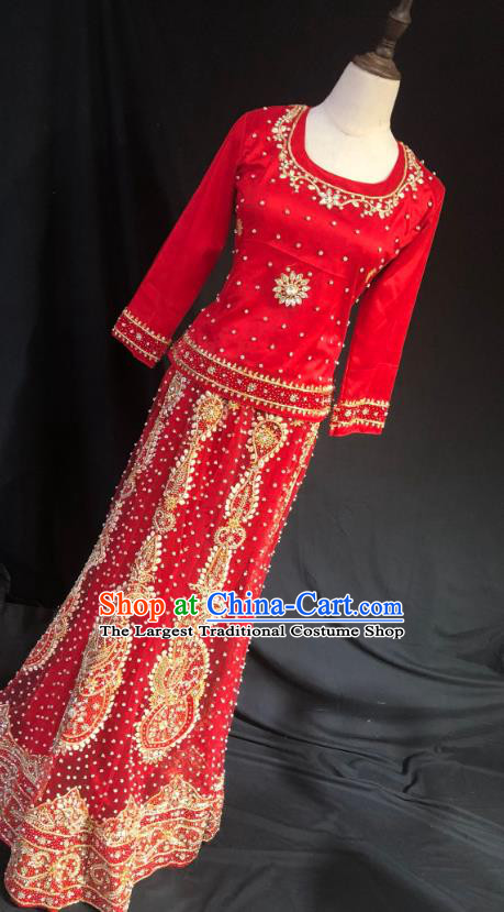 Indian Traditional Bride Red Lehenga Embroidered Dress Asian Hui Nationality Wedding Costume for Women