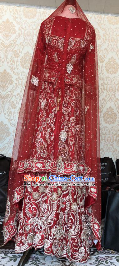 Indian Traditional Wedding Embroidered Costume Asian Hui Nationality Bride Purplish Red Lehenga Dress for Women
