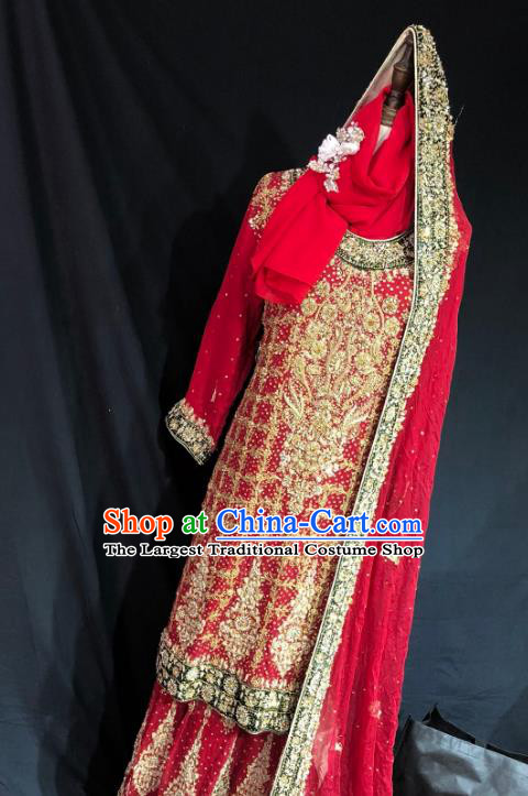 Indian Traditional Embroidered Beads Red Lehenga Dress Asian Hui Nationality Bride Wedding Costume for Women