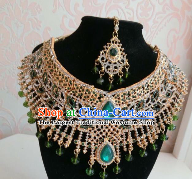 Traditional Indian Court Wedding Green Crystal Eyebrows Pendant and Necklace Asian India Headwear Jewelry Accessories for Women