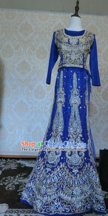 Indian Traditional Wedding Royalblue Embroidered Costume Asian Hui Nationality Bride Lehenga Dress for Women