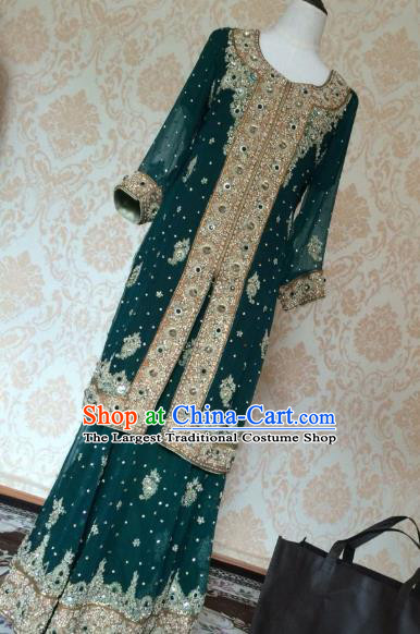 Indian Traditional Wedding Deep Green Embroidered Costume Asian Hui Nationality Bride Lehenga Dress for Women