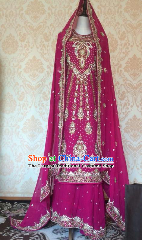 Indian Traditional Wedding Embroidered Rosy Costume Asian Hui Nationality Bride Lehenga Dress for Women