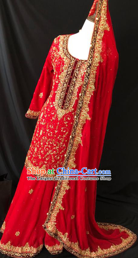 Indian Traditional Wedding Embroidered Red Lehenga Dress Asian Hui Nationality Bride Costume for Women