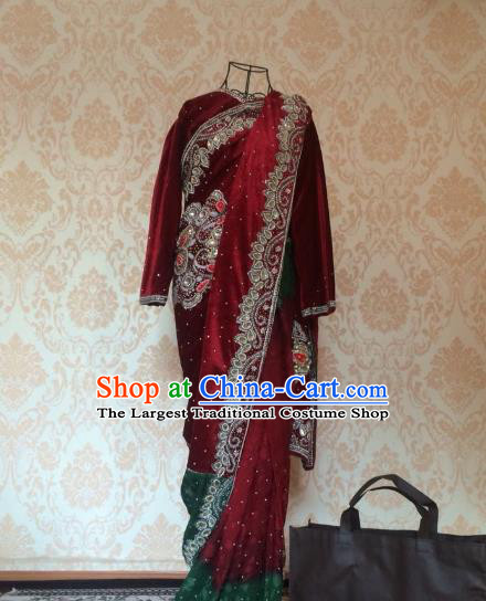 Indian Traditional Wedding Purplish Red Satin Saree Dress Asian Hui Nationality Bride Embroidered Costume for Women