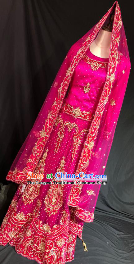 Indian Traditional Wedding Embroidered Diamante Rosy Lehenga Dress Asian Hui Nationality Bride Costume for Women