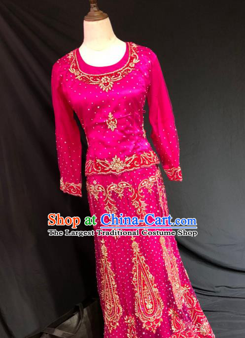 Indian Traditional Wedding Embroidered Diamante Rosy Lehenga Dress Asian Hui Nationality Bride Costume for Women