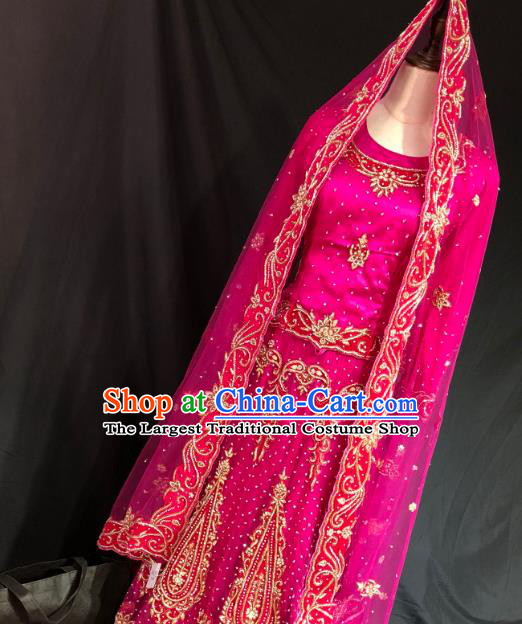 Indian Traditional Wedding Embroidered Diamante Rosy Lehenga Dress Asian Hui Nationality Bride Costume for Women