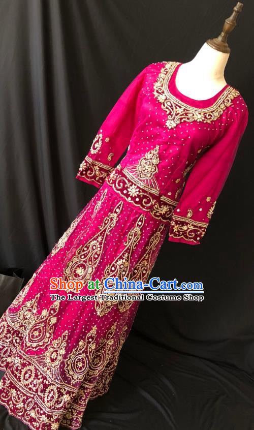 Indian Traditional Wedding Rosy Embroidered Diamante Lehenga Dress Asian Hui Nationality Bride Costume for Women