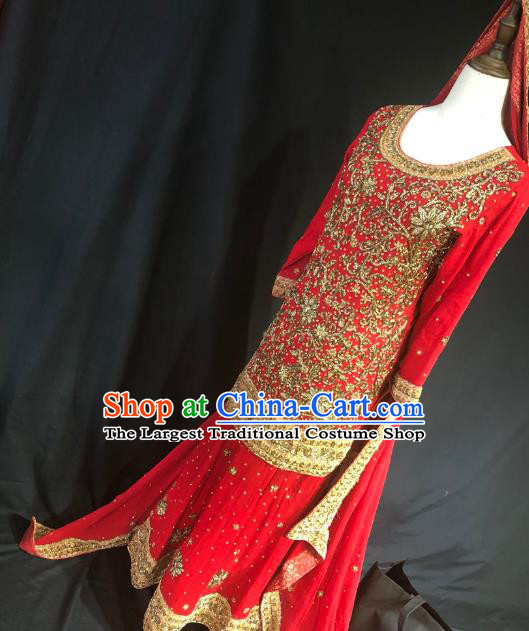 Indian Traditional Wedding Embroidered Sequins Red Lehenga Dress Asian Hui Nationality Bride Costume for Women