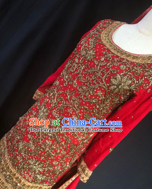 Indian Traditional Wedding Embroidered Sequins Red Lehenga Dress Asian Hui Nationality Bride Costume for Women