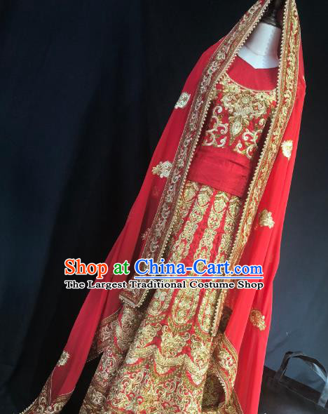 Indian Traditional Wedding Embroidered Red Lehenga Dress Asian Hui Nationality Bride Costume for Women