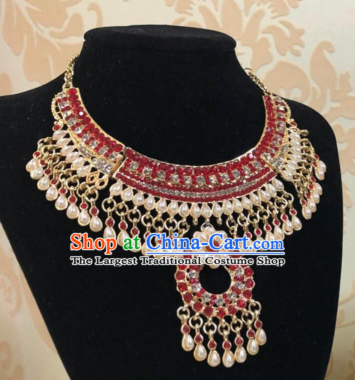 Indian Traditional Wedding Luxury Red Crystal Pearls Necklace Asian India Bride Jewelry Accessories for Women