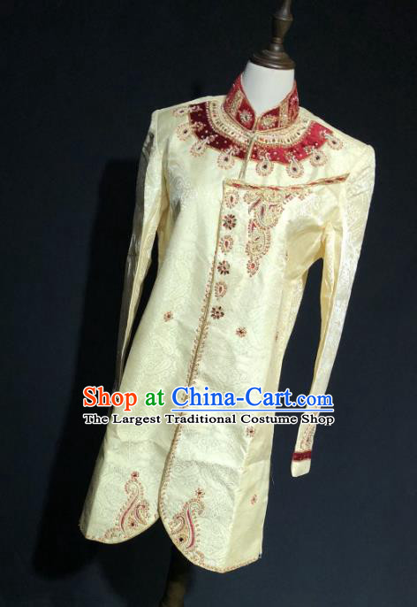 Indian Traditional Wedding Embroidered Apricot Coat Asian Hui Nationality Bridegroom Costume for Men