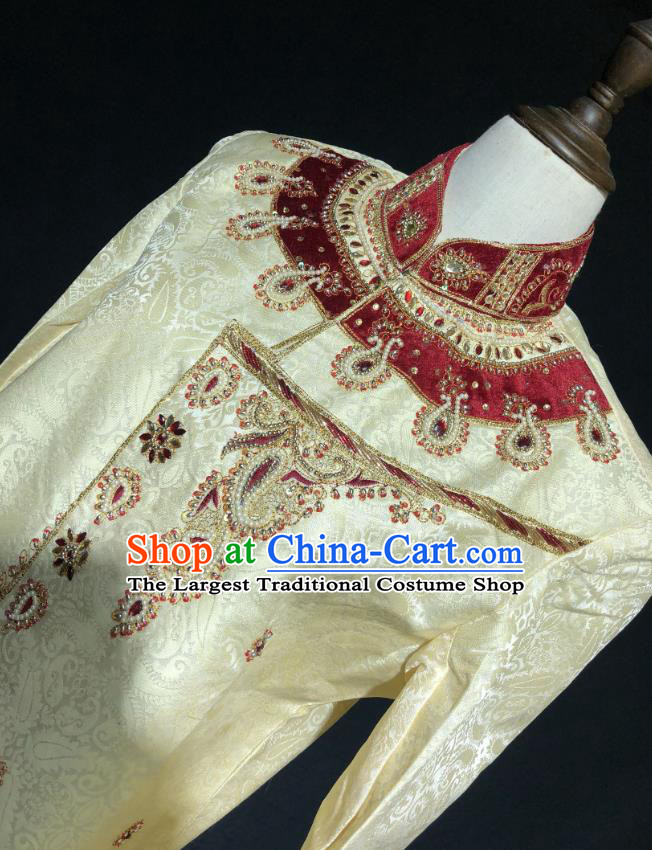 Indian Traditional Wedding Embroidered Apricot Coat Asian Hui Nationality Bridegroom Costume for Men