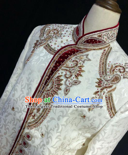 Indian Traditional Court Wedding Embroidered White Coat Asian Hui Nationality Bridegroom Costume for Men