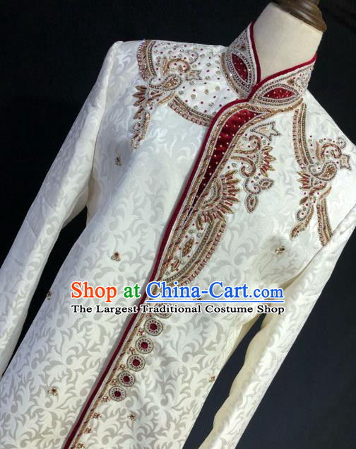 Indian Traditional Court Wedding Embroidered White Coat Asian Hui Nationality Bridegroom Costume for Men