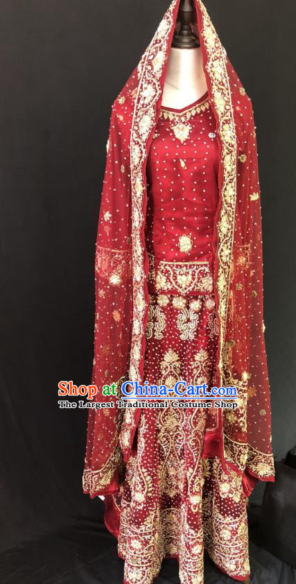 Indian Traditional Wedding Bride Embroidered Red Lehenga Dress Asian Hui Nationality Costume for Women