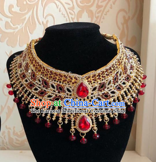 Indian Traditional Wedding Red Crystal Golden Necklace Asian India Bride Jewelry Accessories for Women
