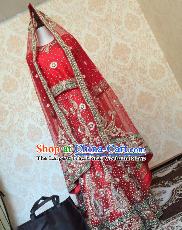 Indian Traditional Court Wedding Diamante Red Lehenga Costume Asian Hui Nationality Bride Embroidered Dress for Women