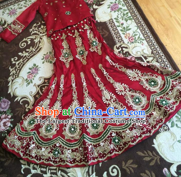 Indian Traditional Court Wedding Wine Red Lehenga Costume Asian Hui Nationality Bride Embroidered Dress for Women