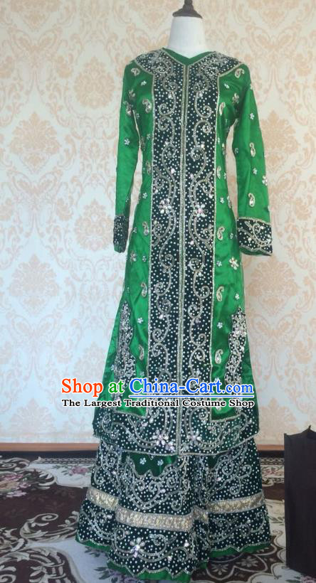 Indian Traditional Diamante Green Satin Lehenga Costume Asian Hui Nationality Wedding Bride Embroidered Dress for Women