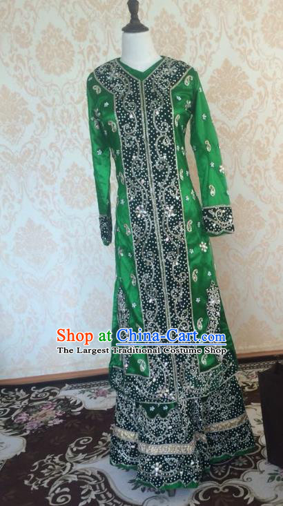 Indian Traditional Diamante Green Satin Lehenga Costume Asian Hui Nationality Wedding Bride Embroidered Dress for Women