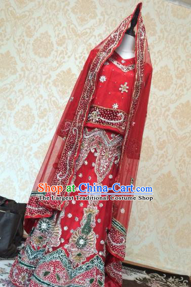 Indian Traditional Court Wedding Embroidered Beads Red Lehenga Costume Asian Hui Nationality Bride Dress for Women