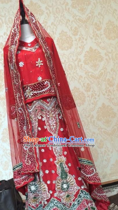 Indian Traditional Court Wedding Embroidered Beads Red Lehenga Costume Asian Hui Nationality Bride Dress for Women