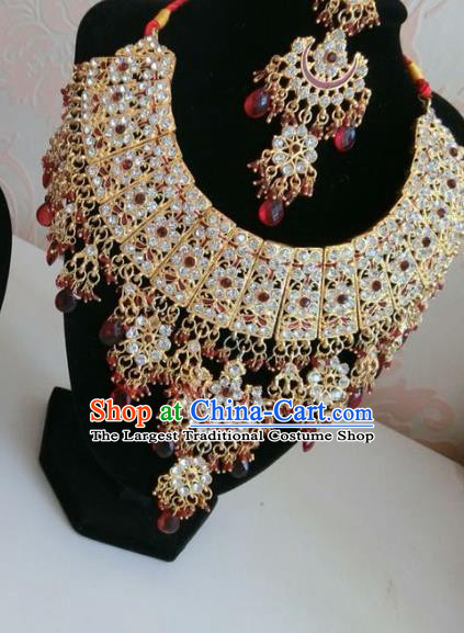 Traditional Indian Court Wedding Crystal Hair Clasp and Necklace Asian India Eyebrows Pendant Jewelry Accessories for Women
